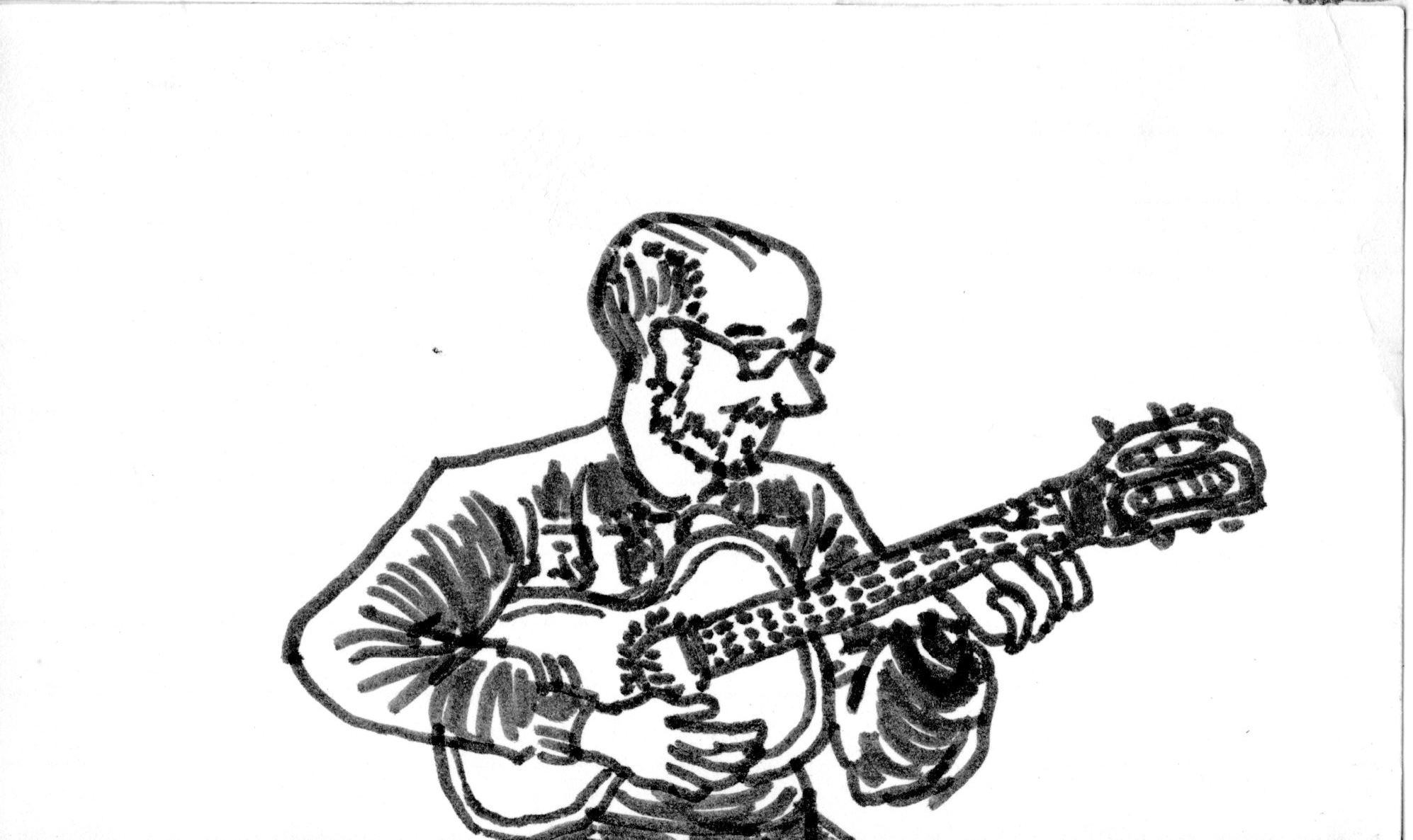folk music musician acoustic guitar ukulele bald beard smile marker pen